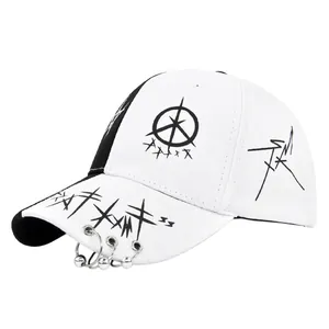 Détail de la casquette graffiti avec anneaux métalliques et design style punk