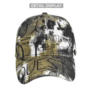 Detail display of street graffiti baseball cap with QUEST embroidery and distressed prints
