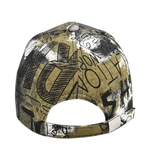 Detail of adjustable metal buckle and street-style graffiti print on the baseball cap