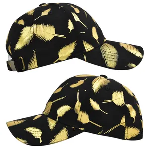 Detail of baseball cap with golden feather patterns and vintage bronze metal buckle