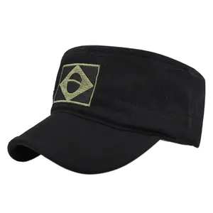 Black cotton military cadet cap with green embroidered patch logo in a 45-degree side view