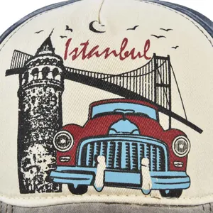 Vintage Istanbul printed baseball cap with Galata Tower and bridge design in navy and white