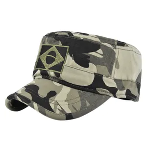 Detail of woodland camouflage patrol cap featuring a front diamond embroidery patch