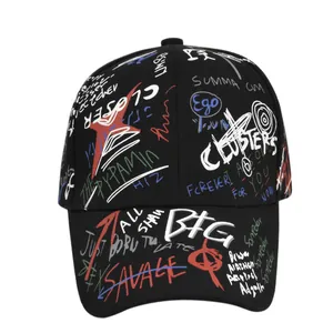 Black baseball cap featuring colorful all-over graffiti print and curved brim style