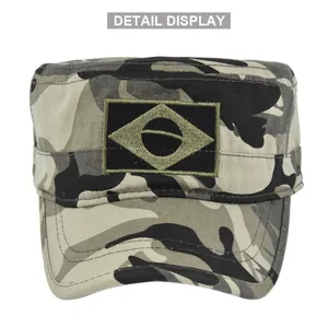 Detailed front view of camouflage military cap featuring Brazil flag embroidery patch