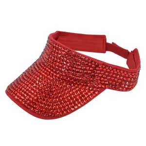 Glittery red rhinestone visor hat for women featuring sparkling crystals and open top design