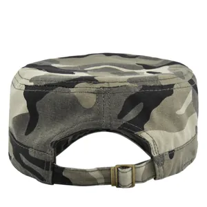 Detail of gray camo patrol cap showing durable canvas texture and adjustable strap back