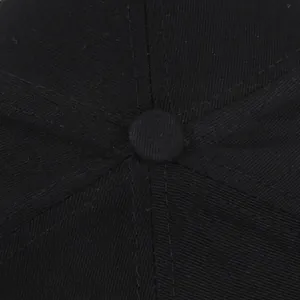 Gros plan du haut d'une casquette noire montrant les coutures et le bouton en tissu