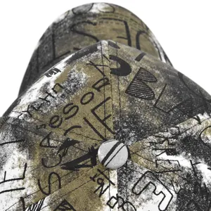 Macro detail of graffiti print and top button on a vintage canvas baseball cap