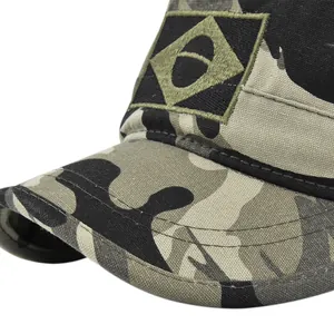 Close-up of camouflage military cap showing reinforced stitching and Brazil flag embroidery