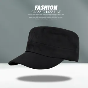 Detail view of a black cotton cadet cap showing twill fabric texture and flat top shape