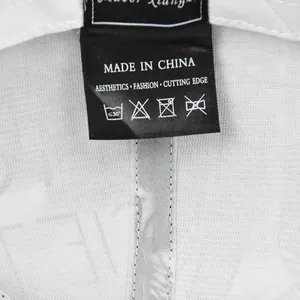 Detail view of the baseball cap inner care label and Made in China washing instructions