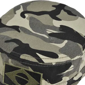 Close-up of camouflage cadet hat showing canvas texture and detailed stitching details