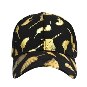 Black baseball cap with gold feather embroidery and 66 print in a classic six-panel design