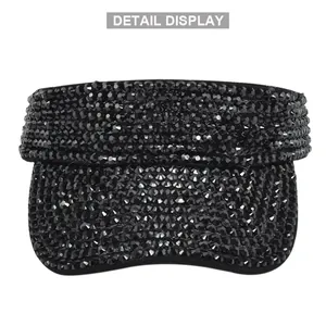 Sparkling black rhinestone sun visor cap with breathable fabric and crystal bead detail