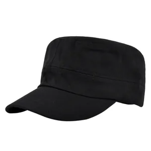 Detailed view of black cotton cadet cap showing twill fabric texture and flat top design