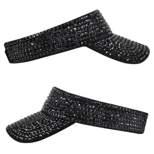Detailed views of a black sun visor hat featuring densely encrusted sparkling rhinestones