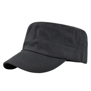 Detailed side view of black cotton twill cadet cap showing reinforced stitching and flat top