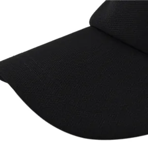 Close-up of black breathable mesh fabric and reinforced double stitching on the cap brim