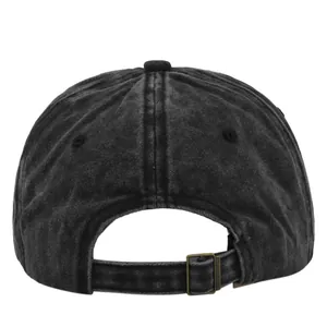 Detailed back view of washed black baseball cap with adjustable metal buckle strap