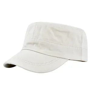 Side view of beige cotton canvas cadet cap showing reinforced stitching on a white background
