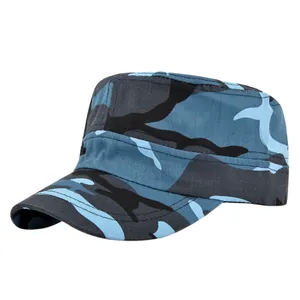 Blue camouflage cadet hat in 45-degree view with durable canvas texture for outdoors