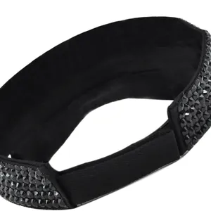 Detail of black rhinestone headband with faceted gems and wide elastic band for comfort