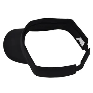 Detailed view of black ponytail sun visor showing 100% polyester label and velcro closure