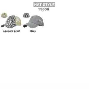Detail of ponytail baseball hats with elastic criss-cross back straps in leopard and gray
