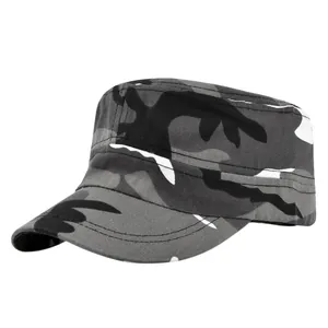 Detail of grey camouflage cadet cap showing multi-row reinforced stitching on the brim