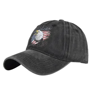 Detail of vintage charcoal eagle graphic and American embroidery on distressed baseball cap