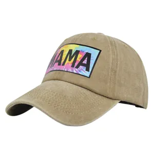 Casquette de baseball vintage kaki avec écusson MAMA tie-dye arc-en-ciel devant