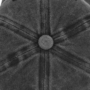 Macro detail of dark grey baseball cap top with reinforced stitching and fabric button