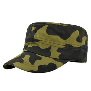 Close-up of jungle camouflage military flat top cap with durable canvas texture and stitching