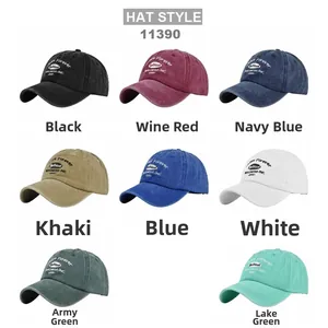 Collection of eight vintage washed cotton baseball caps in various colors with embroidery