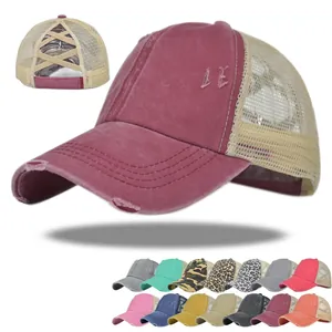 Women Criss-Cross Ponytail Baseball Cap Distressed Washed Cotton Mesh Trucker Hat Adjustable High Bun Ponytail Hole Sun Hat