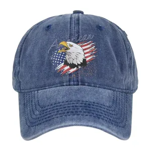 Close-up of vintage navy blue eagle embroidery and American text on a baseball cap