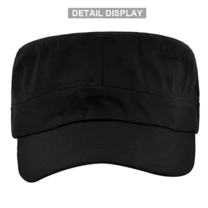 Detail display of black canvas cadet cap with reinforced stitching and a flat top crown
