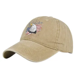 Khaki washed cotton baseball cap with American eagle and flag embroidery from a side view