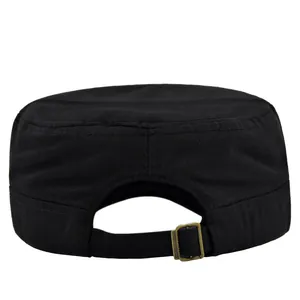 Detail of classic black cadet cap back with adjustable bronze metal buckle strap