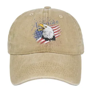 Detailed view of eagle embroidery and American flag on vintage khaki washed cotton cap