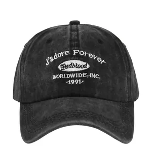 Vintage washed dark grey cotton baseball cap with white embroidery lettering and distressed texture
