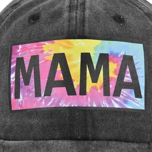 Casquette de baseball en coton noir délavé avec écusson MAMA coloré et broderie