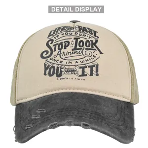 Detail display of distressed mesh trucker hat with Life is fast vintage embroidery