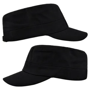 Detail view of durable black cotton canvas military flat top cap with side stitching