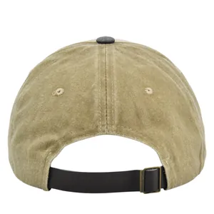 Detail of khaki baseball cap back with black leather strap and bronze buckle closure