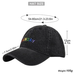 Detail showing dimensions of vintage black denim baseball cap with colorful Sunday embroidery