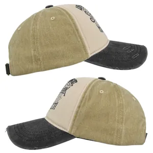 Side view of vintage Route 66 embroidered baseball cap with distressed washed fabric finish