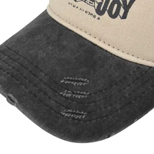 Detailed view of distressed baseball cap brim with worn-out effects and Joy print embroidery