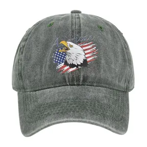 Detail of vintage washed gray baseball cap featuring eagle and American flag embroidery